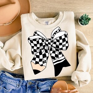 Checkered Pencil Coquette Bow png, Retro Teacher png, Teacher bow png, Gift for Teacher, Trendy Teacher png sublimation, Bow Teacher Shirt image 2