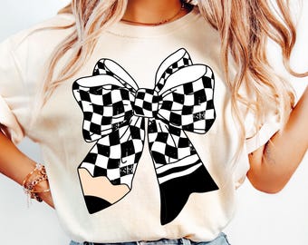 Checkered Pencil Bow png, Retro Teacher Shirt Design, School Sublimation (Digital Download)