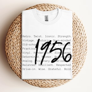 May include: A white t-shirt featuring the number "1956" in a handwritten style. The shirt has a list of words including "Retro", "Vintage", and "Historic". The t-shirt is displayed on a woven, circular surface.