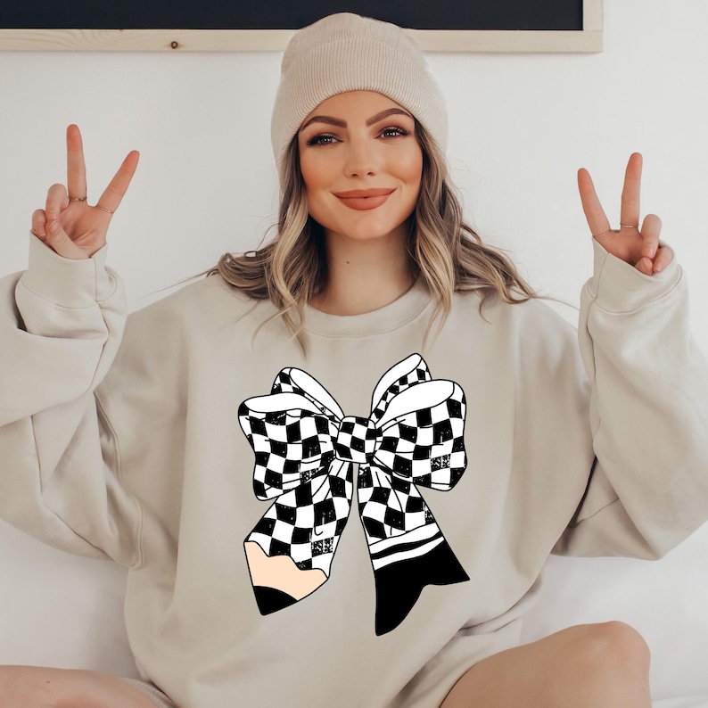 Checkered Pencil Coquette Bow png, Retro Teacher png, Teacher bow png, Gift for Teacher, Trendy Teacher png sublimation, Bow Teacher Shirt image 5