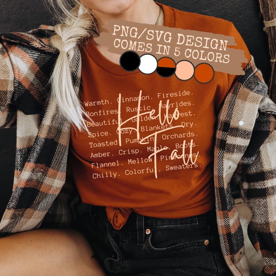 Hello Fall Words PNG SVG, Autumn Sublimation, Fall Shirt Design (Digital Download)