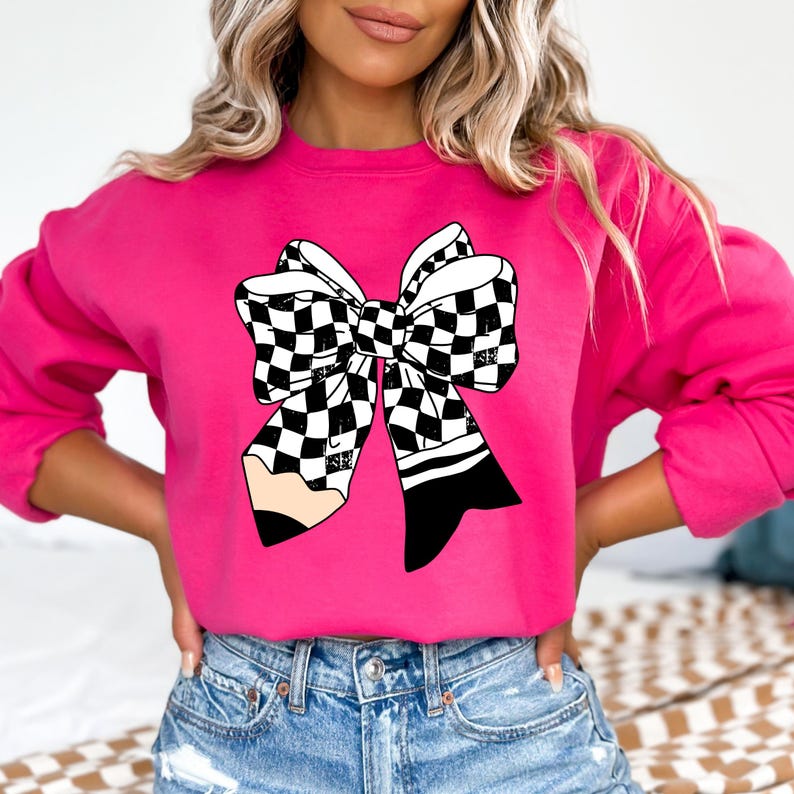 Checkered Pencil Coquette Bow png, Retro Teacher png, Teacher bow png, Gift for Teacher, Trendy Teacher png sublimation, Bow Teacher Shirt image 7