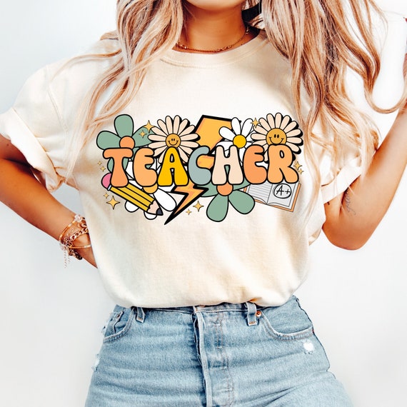 Retro Groovy Teacher PNG, Floral School Shirt Design, Sublimation (Digital Download)