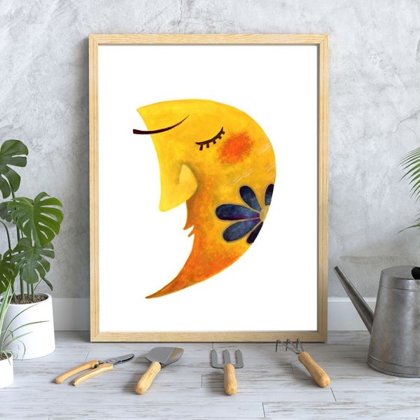 Printable Wall Art. Lovely Moon Print. Hand painted Watercolor. Digital Download. Living Room Decor. Bedroom Room Decor. Moon. Kids Room.