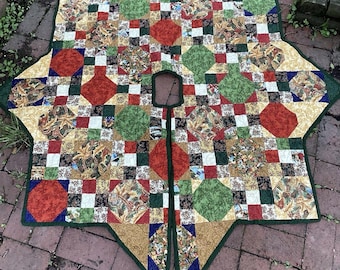 Vintage Handmade Star Quilt Christmas Tree Skirt 58" Cottagecore Grannycore