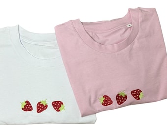 Embroidered strawberry T-shirt, strawberry picking, summer top, fruit, red berry