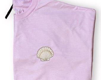 Embroidered seashell T-shirt, ocean, summer top, nature, beach outfit, cute