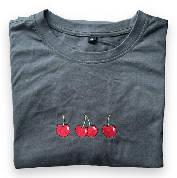 Embroidered cherry T-shirt, fruit, summer top, nature, beach outfit, cute