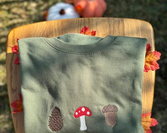 Autumnal embroidered sweatshirt, mushroom, acorn, pine cone, Fall, nature