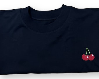 Cherry embroidered t-shirt, fruit, cherries, Summer Tee, black T-shirt, dropped sleeve