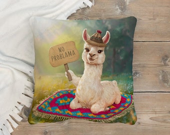 Friendly Llama Square Pillow: No Problama Scene