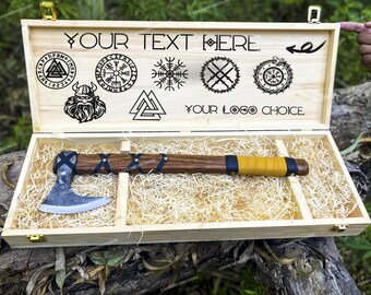 Hacha vikinga grabada personalizada en caja de madera - Hacha Ragnar hecha a mano, regalo perfecto para hombres - boda, aniversario, cumpleaños, regalo de padrinos