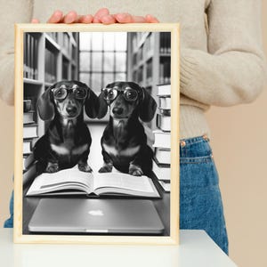 May include: Black and white photo of two dachshunds wearing glasses and sitting in front of a bookshelf with a laptop and open book. The dogs are looking at the camera.