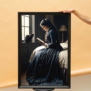 Vintage Victorian Woman Reading Print – Dark Academia Library Art – Gothic Aesthetic Digital Download – Victorian Bedroom Wall Decor