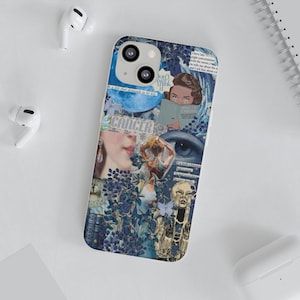 May include: A phone case featuring a collage of blue and white images, including a woman's face, flowers, and the text "Don't overthink".