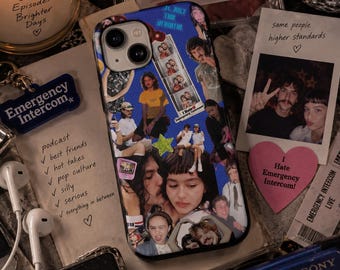 May include: A smartphone case featuring a blue-toned collage of various photographs of two people, including candid shots and photo booth strips. The design includes a small green star sticker and multiple images of the same two individuals.