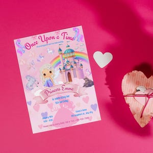 Anpassbare Prinzessin Geburtstagsfeier-Einladung - Märchen-Thema - Einhorn-Schloss-Einladung für Mädchen - Bearbeitbare Kindergeburtstagskarte