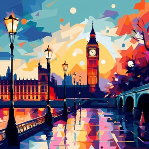 Könnte beinhalten: Eine lebendige, stilisierte Illustration der Londoner Skyline. Das Kunstwerk zeigt das Houses of Parliament, den Uhrturm Big Ben und eine Brücke, alles in kräftigen, geometrischen Formen und einer reichen Palette von Blau-, Orange- und Lilatönen. Straßenlaternen säumen den Fluss.