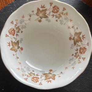 Könnte beinhalten: Eine weiße Keramikschüssel mit goldfarbenem Rand und einem floralen Muster in Braun-, Orange- und Grautönen.