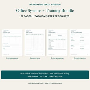 Puede incluir: The Organized Dental Assistant Office Systems + Training Bundle, 57 páginas, dos kits de herramientas PDF completos. Cuatro vistas previas de documentos: Procedure setup, Supply order list, Training roadmap y 30/60/90-day growth plan. PDF imprimible.