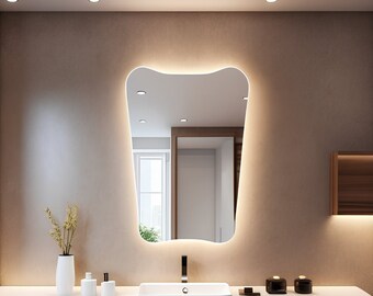 Asymmetrical Bathroom Mirror With Led Lights,  Led Vanity Mirror, Irregular Lighted Mirror, Illuminated Large Wall Mirror, Backlit Mirror