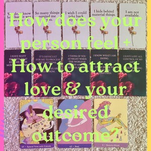 May include: A collection of tarot cards with floral accents and text. The cards are arranged in rows, with phrases like "How does your person feel?" and "How to attract love & your desired outcome?" The cards feature illustrations and text.