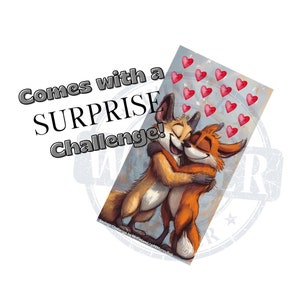 Puede incluir: Dos zorros de dibujos animados abrazándose con un fondo de corazones rojos. El texto "Comes with a SURPRISE Challenge!" está en la parte superior de la imagen.