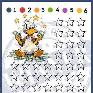 May include: A savings challenge chart with a cartoon duck sitting on a pile of money. The chart has six columns, each with a different color circle at the top. The columns are labeled 1 through 6. There are 30 stars in rows of five, that can be colored in as a savings goal is reached. The text at the bottom reads "Savings Challenge by MHFinland/@PRMoneyRoll".