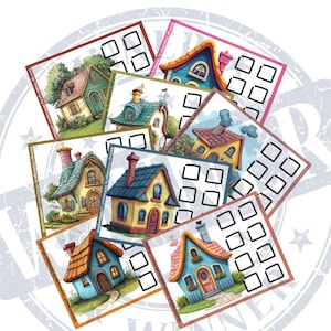 May include: A set of colorful printable cards featuring illustrations of whimsical houses with different architectural styles. Each card has a checklist with blank squares for marking off completed tasks. The cards are titled "Savings Challenge by MHFinland/PRMoneyRoll".