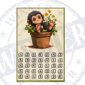 May include: A brown pot with a green plant and a small chimpanzee sitting inside. The pot is on a beige background with a grid of numbers. The text "Savings Challenge by MHFinland/@PRMoneyRoll" is at the bottom of the image.