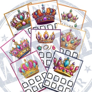 May include: A game board with nine squares and a variety of colorful crowns with jewels. The board has the text "Savings Challenge by MHFinland" and "PMoneyRoll".
