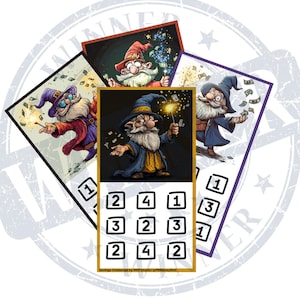 May include: A savings challenge game with a cartoon wizard holding a magic wand and a grid of numbers. The game is called "Savings Challenge by MHFinland/PRMoneyRoll".