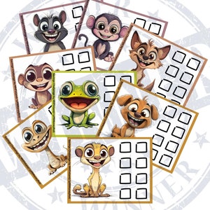 Op de afbeelding: Een set kleurrijke kaarten met cartoondieren met een raster van vierkanten om spaaruitdagingen af te vinken. De kaarten zijn getiteld "Savings Challenge by MHFinland/PRMoneyRoll".