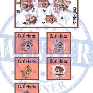 May include: Six colorful owl house cards with the text "Owl House" on each card. The cards feature different illustrations of owls in birdhouses with pink, brown, and white accents.