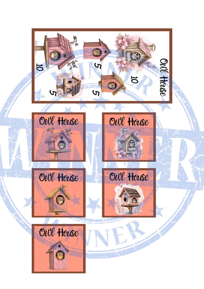 May include: Six colorful owl house cards with the text "Owl House" on each card. The cards feature different illustrations of owls in birdhouses with pink, brown, and white accents.
