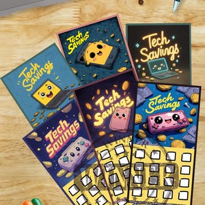 May include: A collection of colorful "Tech Savings" scratch-off cards featuring cartoon illustrations of tech devices like phones, laptops, and game controllers. The cards have a playful design with a variety of colors and the text "Tech Savings".