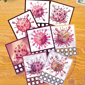 May include: A collection of illustrated cards featuring dice designs with a pink splash effect. Each card showcases a unique dice style, with varying colors and patterns. Some cards include a grid of blank squares. The text "Savings Challenge by Howland/NRMummyRoll" is visible.