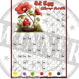 Op de afbeelding: Een spaaruitdagingsdiagram met een rode vogel, nest en bloemen. De grafiek heeft 82 eiercontouren, sommige gemarkeerd met "2x" of "3x". De tekst "82 Egg Extreme Growth" staat bovenaan. Onderaan staat een kleurensleutel.