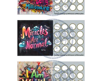 May include: Three colorful motivational posters with the text "One Step Closer Being Millionaire", "Miracles Are Normal", and "I Am Wealth". Each poster has a grid of 20 circles for tracking progress.