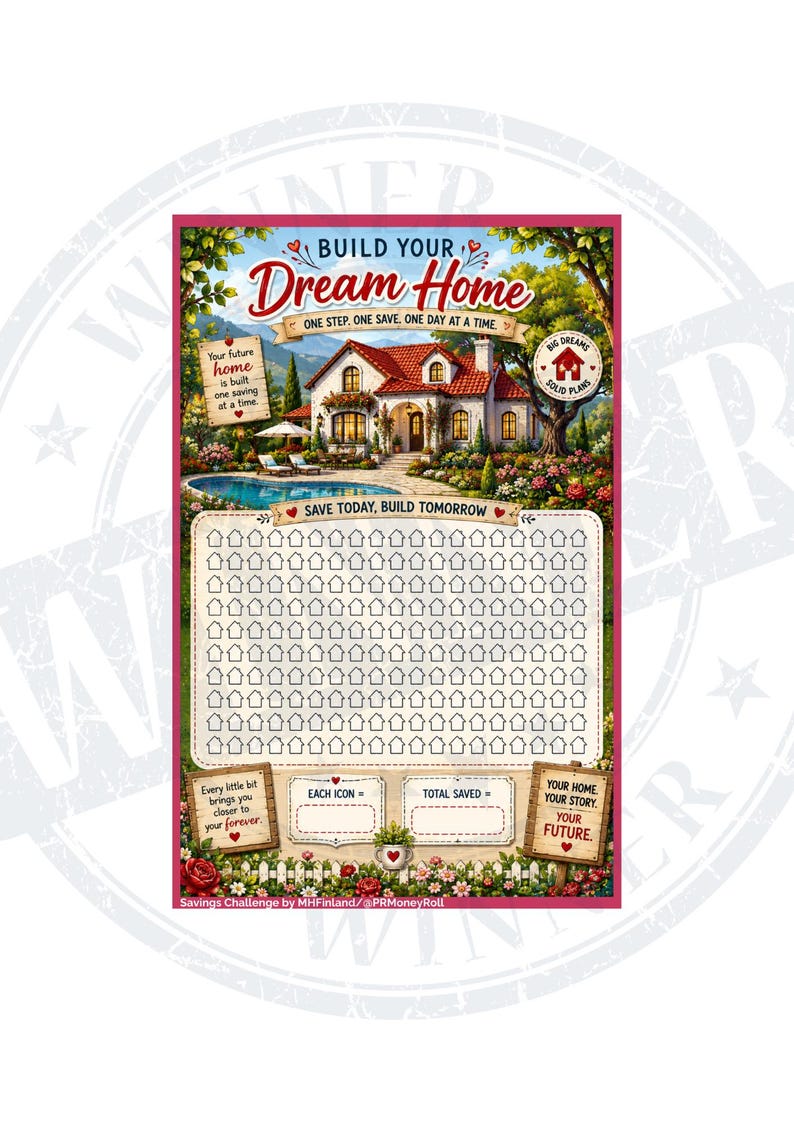 May include: A colorful savings challenge poster with the text "Build Your Dream Home." The poster features a house illustration, a savings tracker, and the phrase "One step. One save. One day at a time."
