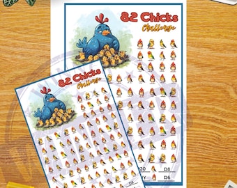 May include: Two "82 Chicks Challenge" printables with a blue hen and chicks illustration. The printables feature rows of small bird illustrations. A calculator, money, and a yellow binder clip are also visible.