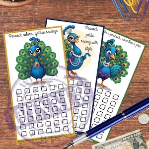 May include: Three colorful savings challenge cards featuring cartoon peacocks with text like "Peacock colors, golden savings." Each card has a grid for tracking savings. A pen, money, and paperclips are also visible.