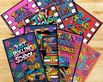 May include: A selection of vibrant cards, each displaying phrases such as "Tiny Tools, Big Goals!" and "Just Rolling to School." The cards have numbers and check boxes, possibly for a savings challenge. They are arranged on a wooden surface.