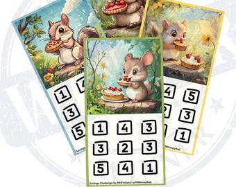May include: A collection of illustrated cards featuring cute animals enjoying desserts. Each card has a different animal, including a squirrel, hedgehog, and mouse, with a numbered savings challenge grid. The text "Savings Challenge by MHFinland/@PRMoneyRoll" is visible.