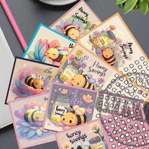 Cute Bee Savings Challenge Set of 8 - A6 PDF - Budgeting Tracker Printable - Money Saving Challenge - Cartoon Bees - Honey Goal Tracker