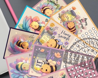 Sfida del risparmio con le api carine, set da 8 - PDF A6 - Tracker di budget stampabile - Sfida del risparmio - Api dei cartoni animati - Tracker degli obiettivi del miele
