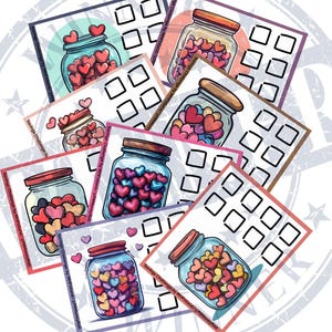 May include: A set of printable cards with a jar filled with hearts and a checklist. The cards are designed for a savings challenge and feature the text "Savings Challenge by MHFinland/PRMoneyRoll".