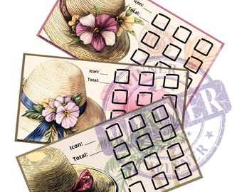May include: Three printable cards with a vintage aesthetic featuring illustrations of straw hats with floral accents. Each card has a space for an icon and a total, and a grid of 12 squares for marking off items.