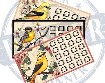 May include: Three cards with a floral design and yellow birds. Each card has a grid of squares. The top card has the text "Winner" in a circle stamp. The bottom card has the text "Savings Challenge by MNF  Instant/PRMoneyTool".