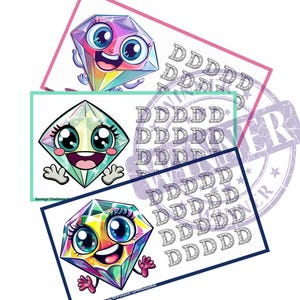 May include: Three colourful cartoon diamond characters with big eyes and smiles. Each diamond is surrounded by a border of smaller diamonds. The text "Savings Challenge" is at the bottom of the image.